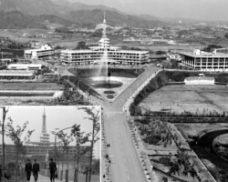 〔1968(昭和43)年頃〕故山田守から寄贈された噴水を設置した噴水池は1967年に竣工しました。防火のために、当時の消防法にかなった噴水で、50mの高さに吹き上がりました。写真左下は同時期の学生たちの姿です。当時の男子学生たちは、学生服着用が主流でした。