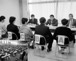 一般入学試験の様子です。当時は、学科試験のほかに、全受験生に対し面接と作文を課していました。入学志願者が多かったため、入学試験期間は入構が禁止されたほか、写真左下のように、試験教室の不足から総合体育館さえも試験会場になっていました。 面接、作文などで人間性や意欲を評価