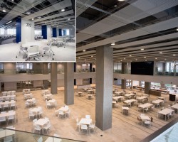 1階から3階までの吹き抜けと約1000平方メートルの広さのラウンジが広がり、カフェも併設。軽食を取りながら交流できるスペースとなっています。そのほか、写真左上は個人学習からグループ学習まで多様な用途に対応したスペース「ラーニングコモンズ」 充実した19号館交流スペース